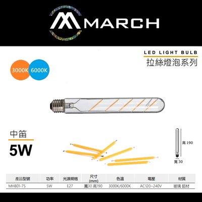 台北市樂利照明 MARCH 中笛 E27 5W LED燈絲燈泡 長形造型燈泡 3000K黃光/6000K白光 全電壓