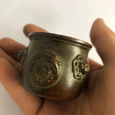 小藝古玩~古玩銅器收藏 大明宣德年制銅酒杯雕龍宣德爐銅酒杯