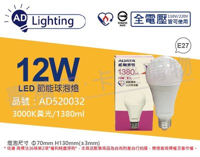 [喜萬年]含稅 ADATA威剛照明 LED 12W 3000K 黃光 E27 全電壓 球泡燈 節能商標_AD520032