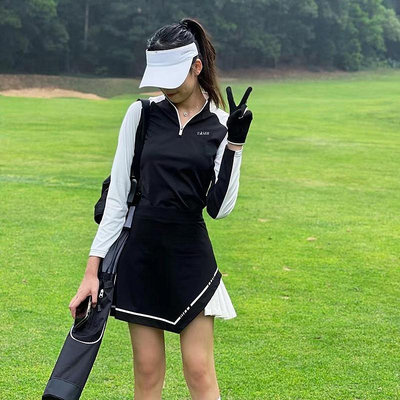 韓版高爾夫服裝女春季長袖上女衣時尚修身半身百褶短裙子運動套裝
