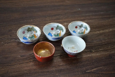 日本回流九谷燒內繪杯鳥鳴杯金杯5個
