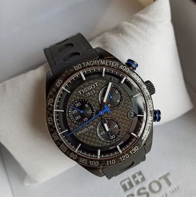 TISSOT PRS516 黑色錶盤 陶瓷錶圈 黑色橡膠錶帶 石英 三眼計時 男士手錶 T1004173720100 天梭腕錶