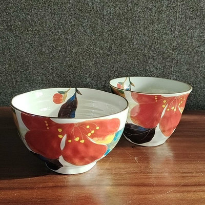 日本美濃燒進口ceramic和藍水彩花卉一碗  一杯