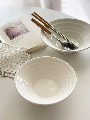 ins日式簡約橫紋純白陶瓷喇叭碗拉面湯碗沙拉大號飯碗