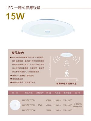 (樺光照明)LED-15W一體式 紅外線 感應式 崁燈 黃光/ 自然光/ 白光 附快速接頭 全電壓/保固一年