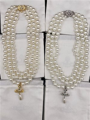 【熱賣精選】薇薇安Vivienne Westwood 金色銀色三層打結珍珠有字立體土星項鏈B8072