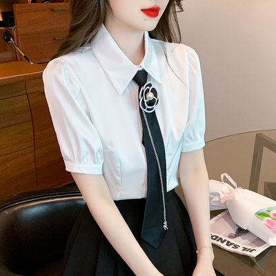 MissBig夏季新款珠花領帶設計泡泡袖襯衫上衣《442888087》
