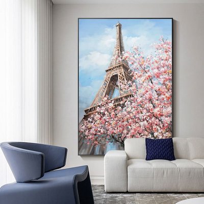 純手繪油畫掛畫沙發背景墻裝飾畫玄關巴黎埃菲爾鐵塔壁畫餐廳藝術