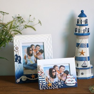 地中海藍白實木擺臺框架兒童房擺飾供應個性照相館7寸6寸海洋相框~特價