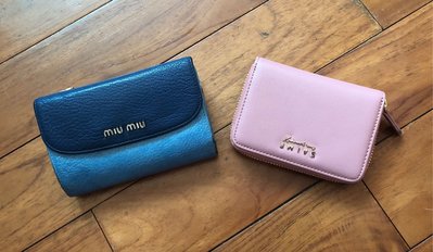 MIU MIU 全皮革中夾+拉鍊零錢袋  藍色 (附贈全新S’AIME萬用錢包)