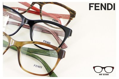 【My Eyes 瞳言瞳語】FENDI 義大利品牌 閃爍木紋色膠框光學眼鏡 女強人風韻 摩登紅仿木鏡腳 (F1018)