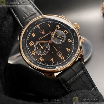 MASERATI手錶,編號R8871646001,46mm玫瑰金錶殼,深黑色錶帶款
