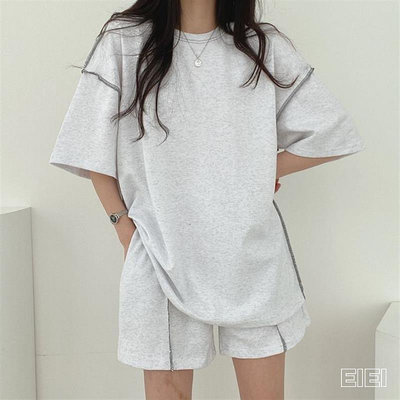 韓國ins 兩件式套裝 韓系套裝 100%純棉純色休閑運動服套裝女夏季2021年新款時尚女士寬松兩件套