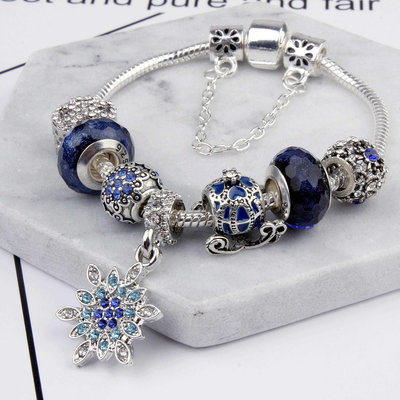 現貨代購 PANDORA 潘朵拉系列DIY藍色琉璃珠串珠手飾 圣誕雪花吊墜手鏈 可開發票