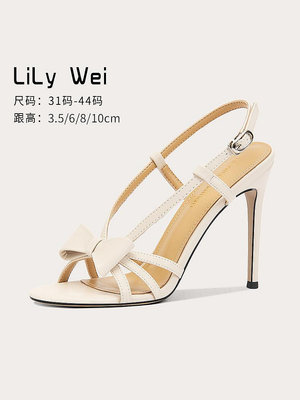Lily Wei【糖霜童話】白色蝴蝶結高跟涼鞋細跟少女感大碼41一43-麵包の店