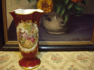 歐洲古物時尚雜貨 歐洲名瓷 法國Limoges紅色情侶描金寬口花瓶 擺飾品 品牌珍藏