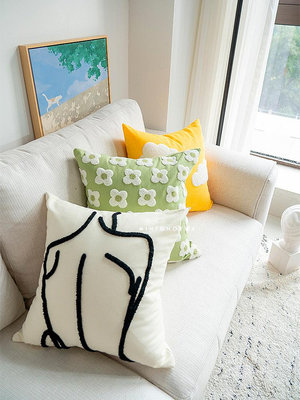 小清新綠色毛巾繡抱枕套軟花朵雛菊宿沙發靠枕腰枕飄窗床上靠墊--思晴