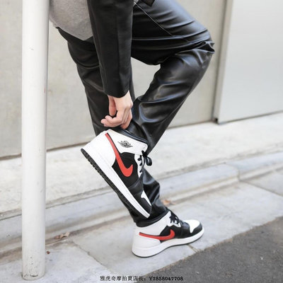 Air Jordan 1 Mid GS 黑白紅 熊貓 皮面 減震 高筒 籃球鞋 554725 075 男女鞋[飛凡男鞋]