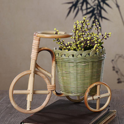 三輪小竹籃手工藤製品桌面擺件收納籃筆筒竹編製品創意工藝品道具