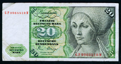 德國 1980年版 20馬克 (畫家丟勒作品 圖爾肖像)  7成以上品相！ 紙幣 紀念鈔 紙鈔【悠然居】434