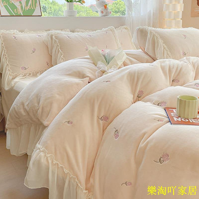 花熙系列牛奶絨花邊刺繡床包組 法式浪漫蕾絲邊加厚法蘭絨床組 單人床組 雙人 加大床包四件組 被單