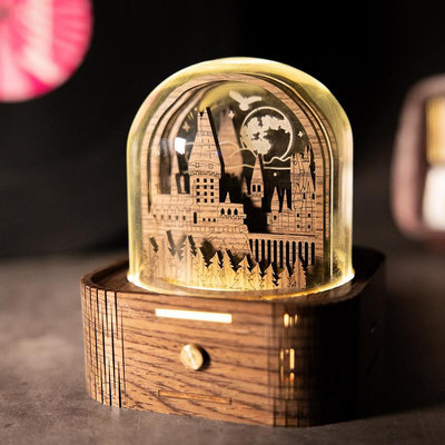 交換禮物 創意禮物霍格沃茨列車3D立體小夜燈木質紙雕觸控黑胡桃音樂盒