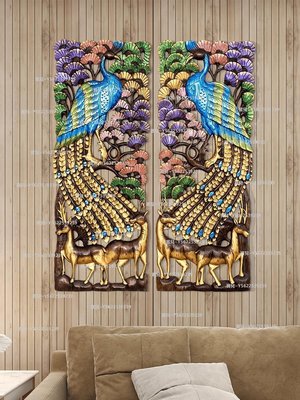 免運泰國工藝品柚木木雕孔雀雕花板 玄關背景墻飾 客廳過道裝飾畫~正品 促銷