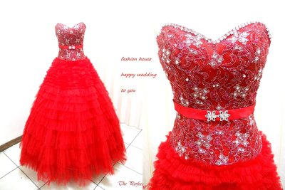 【時尚屋婚紗禮服】紅色馬甲水鑽蕾絲法式設計師造型款《二手禮服》～Ｗ５５３(歡迎預約試穿)