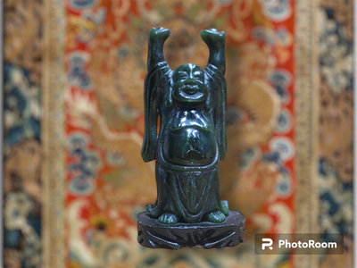 早期收藏 和闐青玉 元寶彌勒佛 財神 擺件