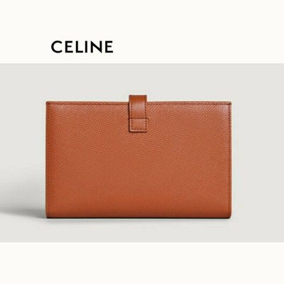 CELINE ▻( 棕褐色×金屬金色) 防刮壓紋真皮兩摺長夾錢包皮夾｜100%全新