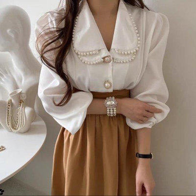 新品 韓國時尚氣質雙層翻領珍珠花邊襯衫上衣