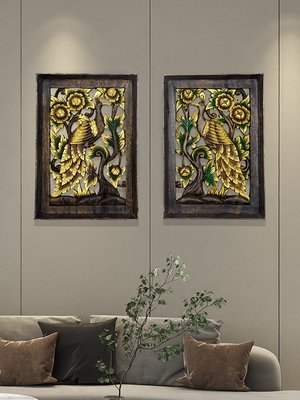 緣古珍藏 泰國工藝品柚木木雕孔雀大象雕花板玄關背景客廳過道裝飾壁掛壁飾 TP