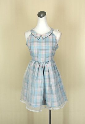 貞新二手衣 titty&co 日本 粉藍格紋圓領無袖烏干紗棉質洋裝F號(39248)