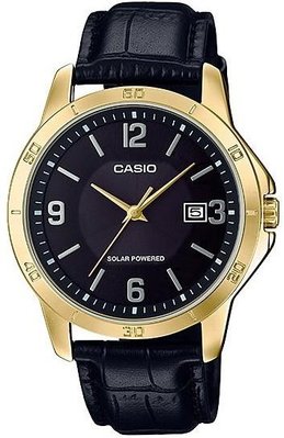 CASIO WATCH 卡西歐 SOLAR太陽能亮金不鏽鋼黑面黑色皮帶腕錶 型號：MTP-VS02GL-1A【神梭鐘錶】