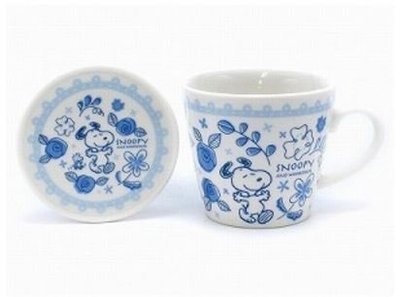 鼎飛臻坊 PEANUTS SNOOPY 史努比 藍花造型 陶瓷 咖啡杯 馬克杯  陶瓷 杯 附蓋 日本製 日本正版