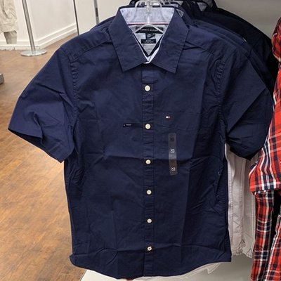 直銷#Tommy Hilfiger 湯米 美國 男士修身彈性棉純色商務休閒短袖襯衫