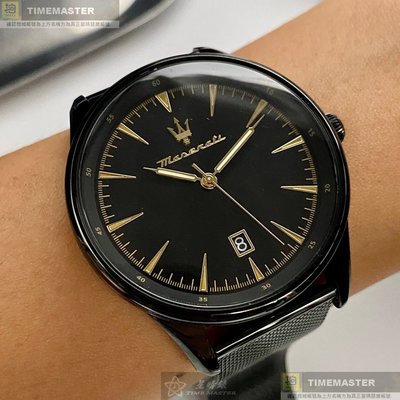 MASERATI手錶,編號R8853146001,46mm黑圓形精鋼錶殼,黑色簡約, 中三針顯示錶面,深黑色米蘭錶帶款