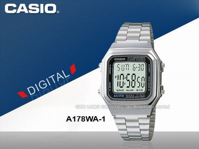 CASIO 手錶專賣店 國隆 A178WA-1A  電子型男錶 LED背光照明 錶帶每日鬧鈴 A-178WA-1