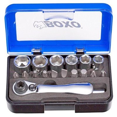 【赫杰國際】BOXO 盒裝工具組套－18Pcs 1/4"迷你畢仔套筒棘輪扳手組 HBS-018PB 兩分