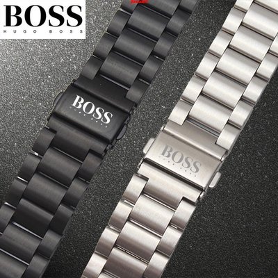 森尼3C-Hugo Boss 男士手錶帶鋼帶 男精鋼實心黑色錶鏈折迭扣16 20 22mmJ3-品質保證