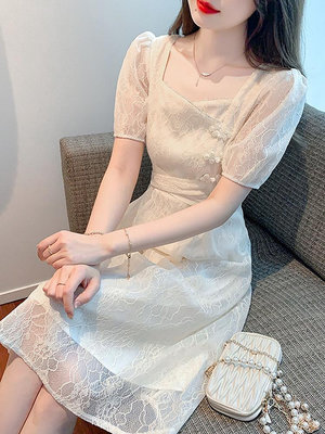 法式溫柔初戀裙子女夏季2024新款感小個子蕾絲改良旗袍連衣裙