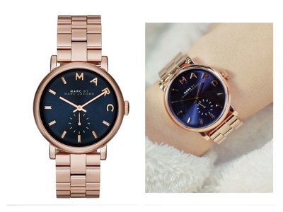 MARC JACOBS Baker 海軍藍色錶盤 玫瑰金色不鏽鋼錶帶 石英 女士手錶 MBM3330