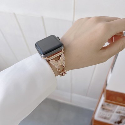 森尼3C-女士錶帶 蘋果手錶錶帶 Apple Watch 錶帶 8代 5 6 7 SE 蝴蝶水鑽錶帶 金屬錶帶 45mm 41mm-品質保證