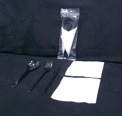 含稅【黑色餐具組】100組/箱 ☆ 餐巾紙西餐匙西餐叉西餐刀外帶餐具塑膠餐具