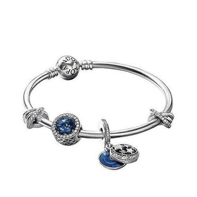現貨代購 s925純銀手鏈海洋之心藍色手鐲 PANDORA 潘朵拉同款設計網紅女可串珠情侶手環 可開發票
