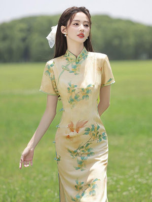 旗袍 洋裝 旗袍新款2023年輕款少女夏季黃色平時可穿氣質高端中式改良連衣裙-多多百貨
