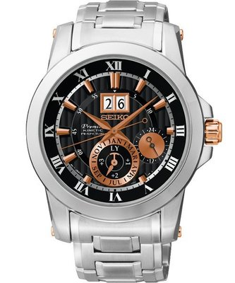 SEIKO PREMIER 人動電能萬年曆腕錶(SNP098J1)-黑x玫塊金/42mm 7D56-0AB0K