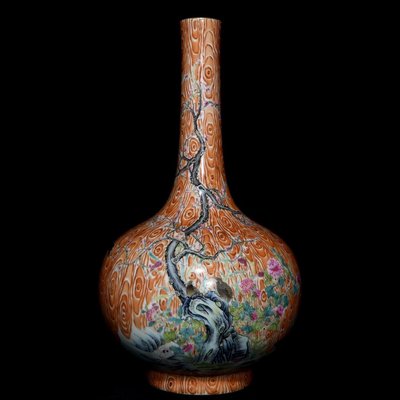雍正木紋釉粉彩安居樂業紋膽瓶，高43cm直徑25cm，編號26 瓷器 古瓷 古瓷器