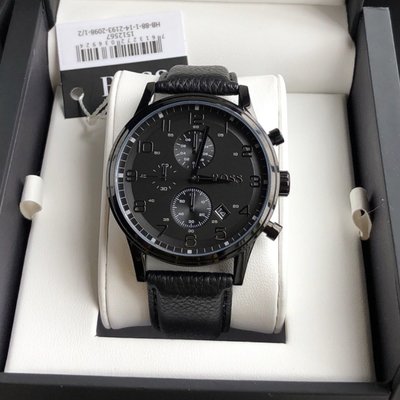 HUGO BOSS Blackout 黑色面錶盤 黑色皮革錶帶 石英 三眼計時 男士手錶 1512567