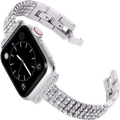 適用蘋果手錶iwatch 3/4/5/6/7 代不銹鋼鑲鑽錶帶輕奢四排鑽金屬錶帶Appl ewatch 7手鍊鑲鑽錶帶
